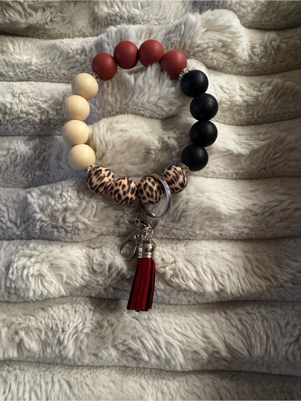 Beaded Tassel Wrist Key Ring Bracelet - Red, Black & Cream